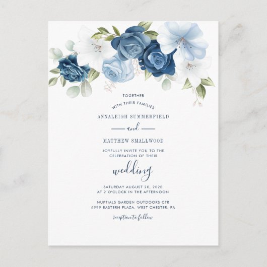 Moderne Blumendusty Blauer Botanische Hochzeit Einladungspostkarte (Vorderseite)