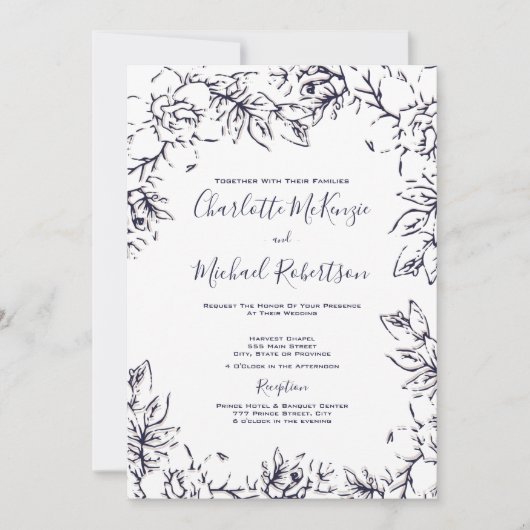 Moderne, Blumengärten, Marine, Blush, Hochzeit Einladung (Vorderseite)