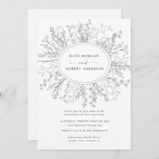 Moderne blumengeschmückte Einladung zur Hochzeit (Vorne/Hinten)