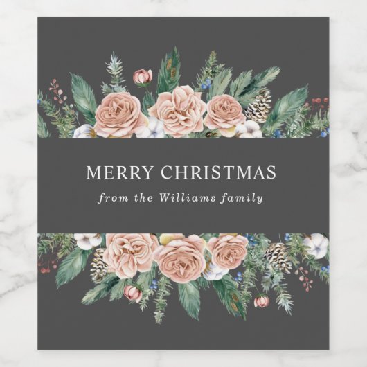 moderne, blumengeschmückte Weihnachtsfeste Weinetikett (Einzelnes Label)