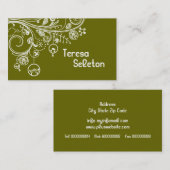 Moderne, blumengeschmückte Wirbel und Vögel, olivg Visitenkarte (Vorne/Hinten)