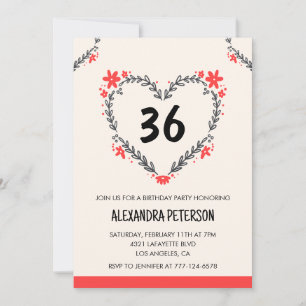 Moderne Blumenherzen für sie zum 36. Geburtstag fü Einladung