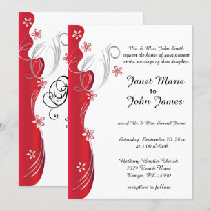 Moderne Blumenhochzeit Deep Red and Silver Einladung