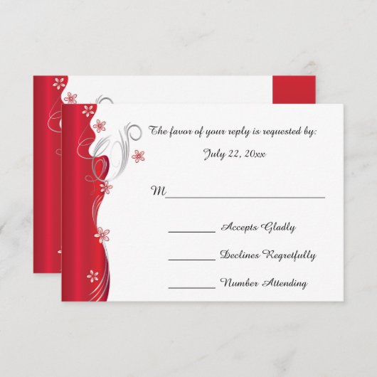 Moderne Blumenhochzeit | Deep Red and Silver RSVP Karte (Vorne/Hinten)