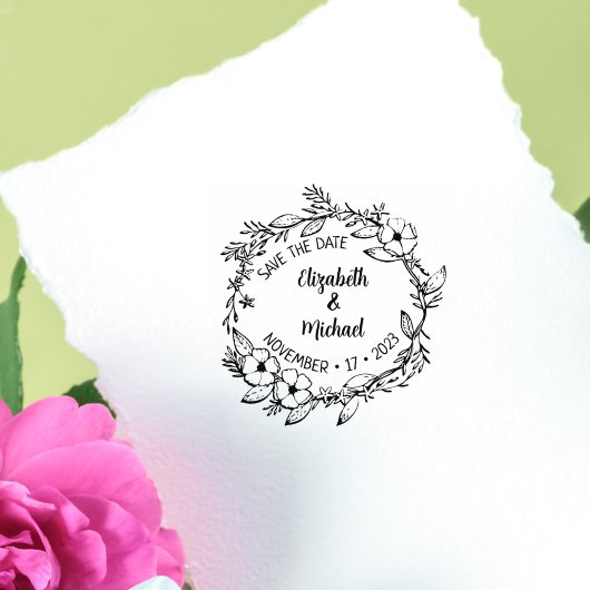 Moderne Blumenhochzeit Save the Date Gummistempel