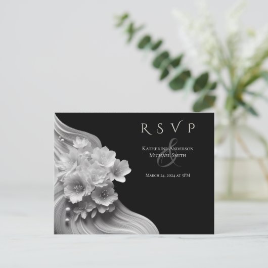 Moderne Blumenhochzeit Schwarz/Weiß Postkarte (Stehend Vorderseite)