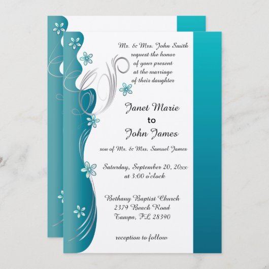Moderne Blumenhochzeit | Türkis und Silber Einladung (Vorne/Hinten)