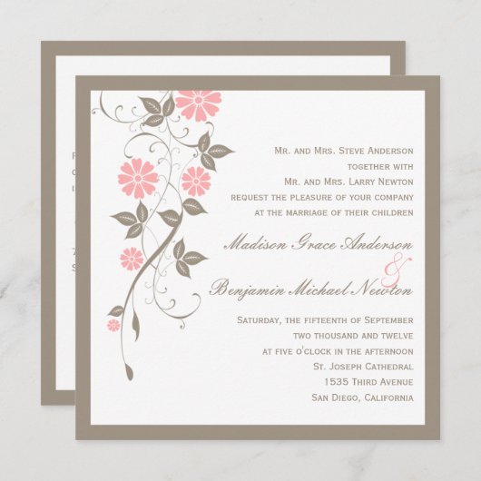 Moderne Blumenhochzeit - Weichrosa Einladung (Vorne/Hinten)