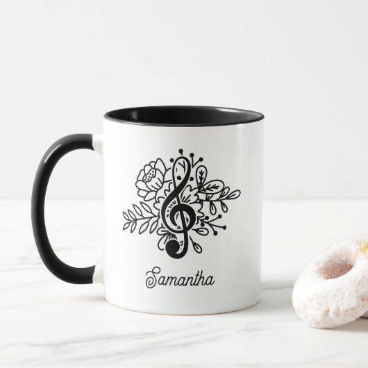 Moderne Blumenklöppel Clef Schwarz-weiße Musik Lie Tasse (Mit Donut)