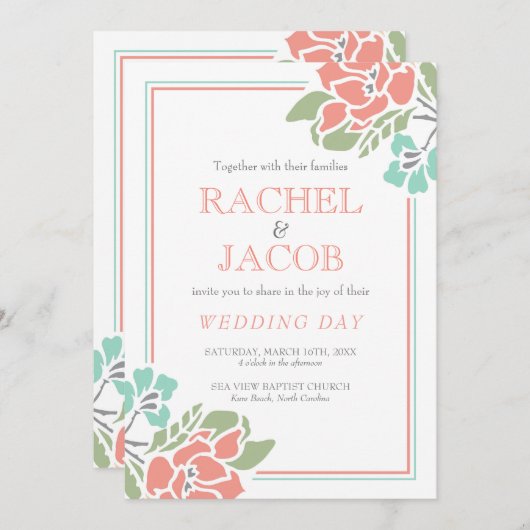 Moderne Blumenkoralle und Aquamarine Hochzeiten Einladung (Vorne/Hinten)