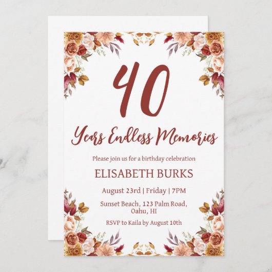moderne Blumenladen zum 40. Geburtstag Einladung (Vorne/Hinten)