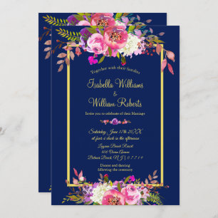 Moderne Blumenmarine-Blau-Goldhochzeit Einladung