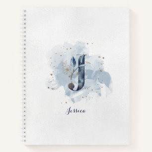 Moderne Blumenmonogramm Buchstabe J Blau Gold Notizblock