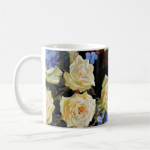 Moderne Blumenmuster, weiße Rosen, blaue Hortensie Kaffeetasse
