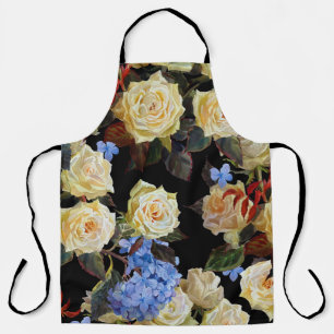 Moderne Blumenmuster, weiße Rosen, blaue Hortensie Schürze