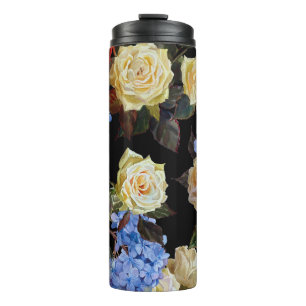 Moderne Blumenmuster, weiße Rosen, blaue Hortensie Thermosbecher