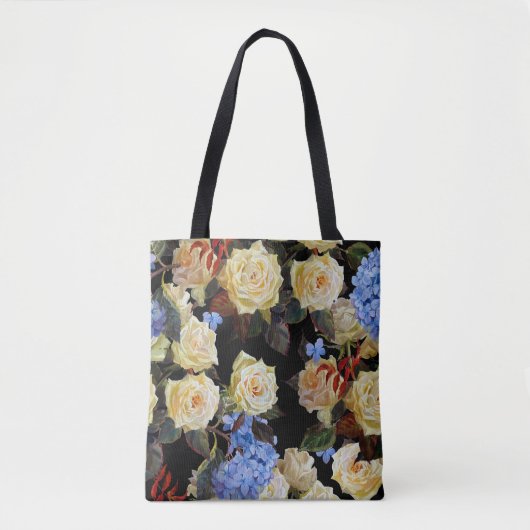 Moderne Blumenmuster, weiße Rosen, blaues Hydrange Tasche (Vorderseite)