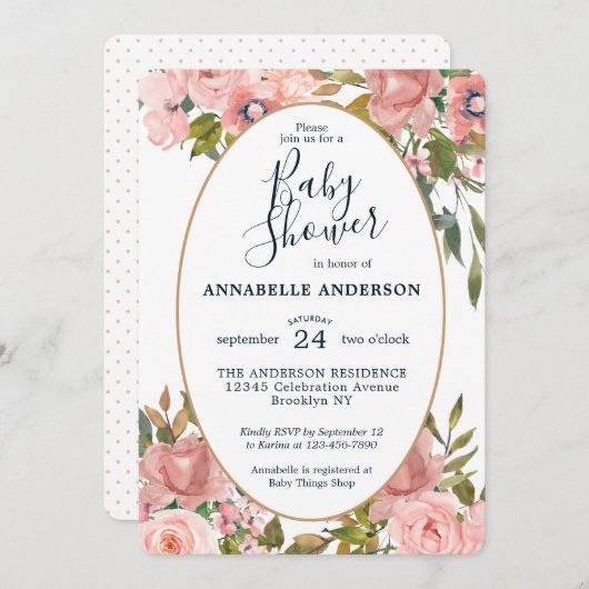 Moderne Blumenrosa Blush Gold Garden Baby Dusche Einladung (Vorne/Hinten)