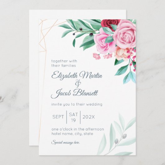 Moderne Blumenrosen und Eukalyptus Einladung (Vorne/Hinten)