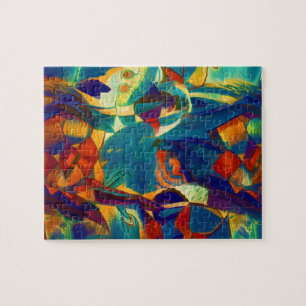 Moderne Blumenrote Blaue Linien Abstrakte Kunstmal Puzzle