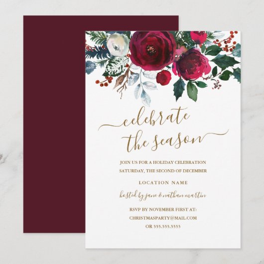 Moderne Blumenroter Gold-Feier Einladung (Vorne/Hinten)