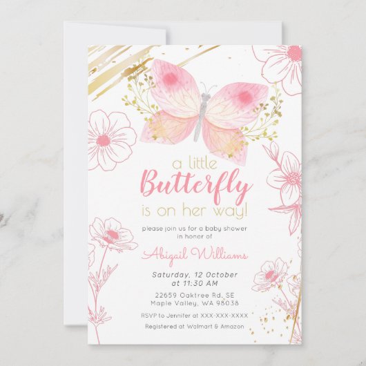 Moderne Blumenschmetterling Pink Gold Girl Babydus Einladung (Vorderseite)