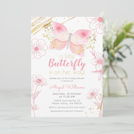Moderne Blumenschmetterling Pink Gold Girl Babydus Einladung (Stehend Vorderseite)
