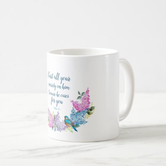 Moderne Blumenschrift 1 Peter 5:7 Kaffeetasse (VorderseiteRechts)