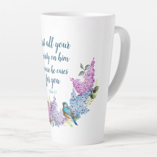 Moderne Blumenschrift 1 Peter 5:7 Tasse (Rechte Ecke)