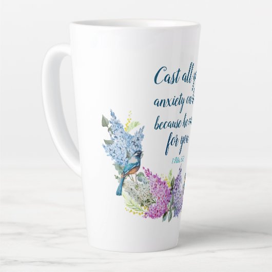 Moderne Blumenschrift 1 Peter 5:7 Tasse (Linke Ecke)