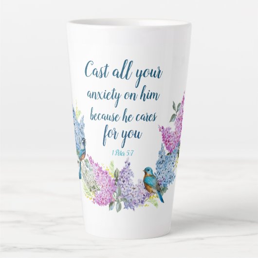 Moderne Blumenschrift 1 Peter 5:7 Tasse (Vorderseite)