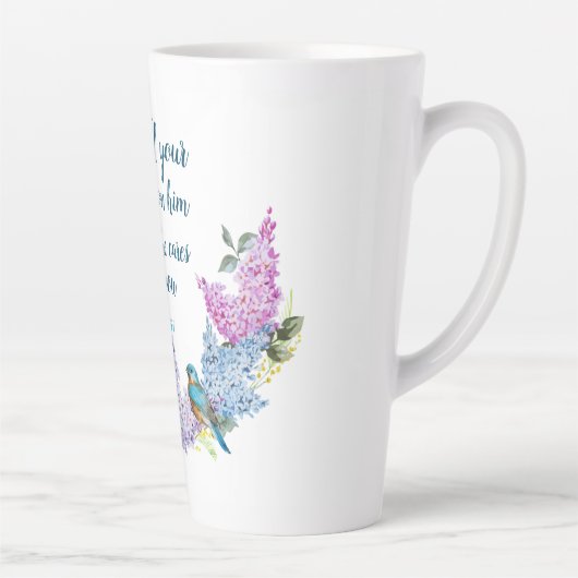 Moderne Blumenschrift 1 Peter 5:7 Tasse (Rechts)