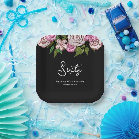 Moderne Blumenschrift 60. Geburtstag Pappteller (Party)