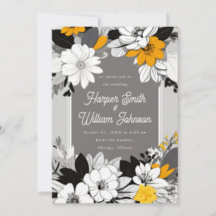 Moderne, blumenschwarze, weiße, gelbe Hochzeit Einladung