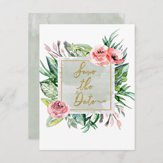 Moderne Blumenwasserfarbe Save the Date Hochzeit Ankündigungspostkarte (Vorne/Hinten)