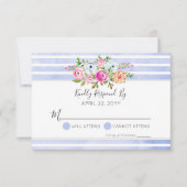 Moderne Blumenwatte Blue Stripe Wedding RSVP (Vorderseite)