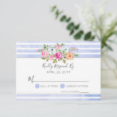 Moderne Blumenwatte Blue Stripe Wedding RSVP (Stehend Vorderseite)
