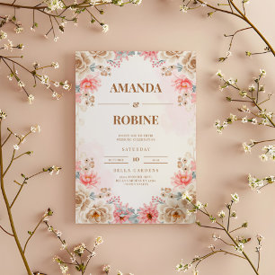 Moderne Blush & Beige Blumen Einladung zur Hochzei