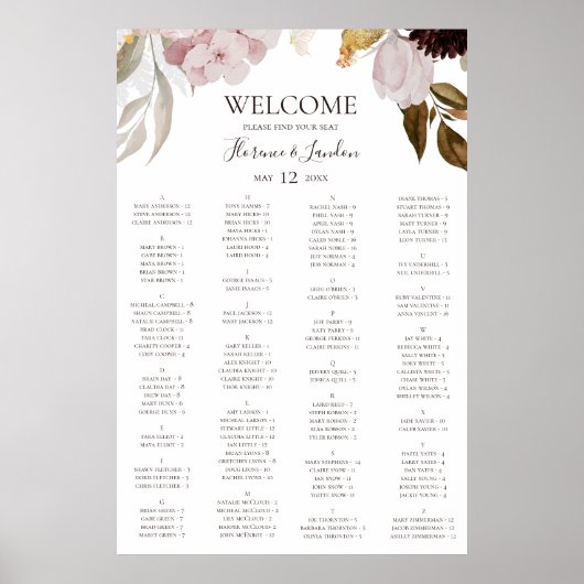 Moderne Blush Bloral | Alphabetische Sitztabelle Poster (Vorne)