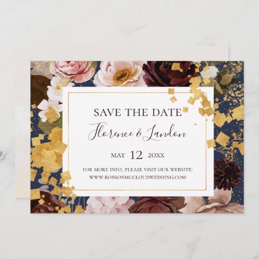 Moderne Blush Bloral | Horizontal Gerettet Marine Save The Date (Vorne/Hinten)