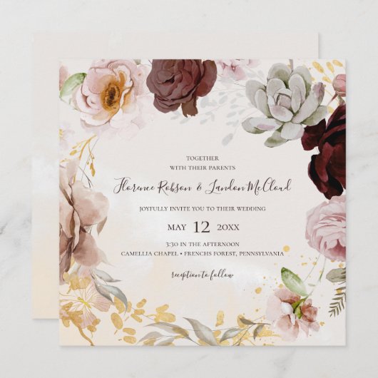 Moderne Blush Bloral | Marble Square Wreath Weddin Einladung (Vorne/Hinten)