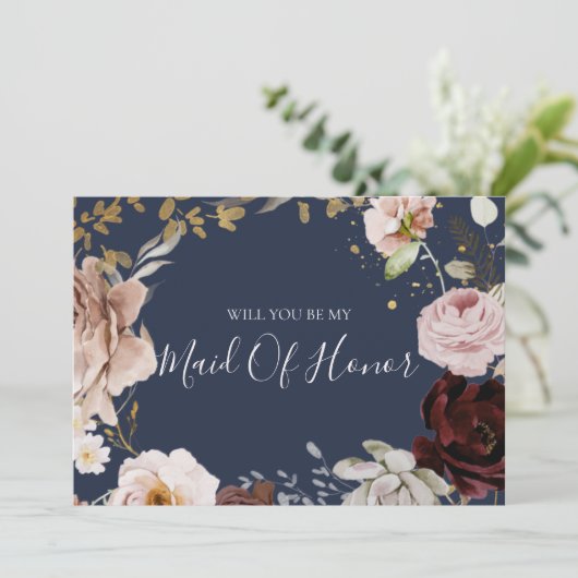 Moderne Blush Bloral | Navy Trauzeugin Card Einladung (Stehend Vorderseite)