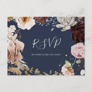 Moderne Blush Bloral Navy Wedding RSVP Postcard Postkarte