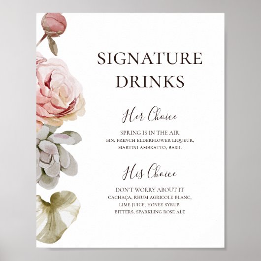Moderne Blush Bloral | Unterschrift Drinks Poster (Vorne)