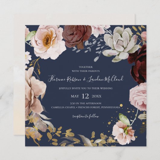 Moderne Blush Bloral | Wraath Wedding Square Einladung (Vorne/Hinten)
