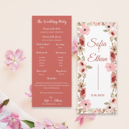 Moderne Blush-Blumen-Hochzeitszeremonie-Programm Einladung
