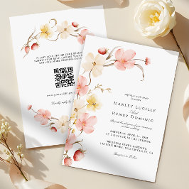 Moderne Blush-Blumen-QR-Code-Hochzeit Alles in Ein Einladung