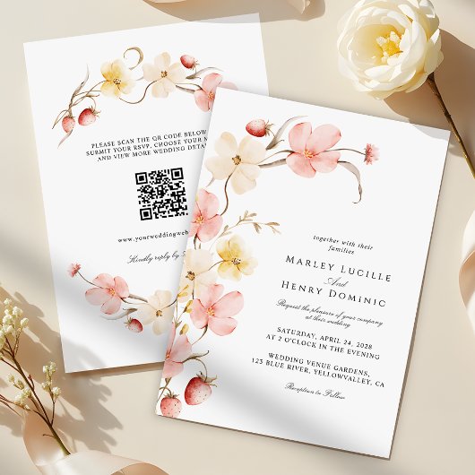 Moderne Blush-Blumen-QR-Code-Hochzeit Alles in Ein Einladung