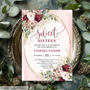 Moderne Blush Burgund Gold Floral Sweet Sixteen Einladung