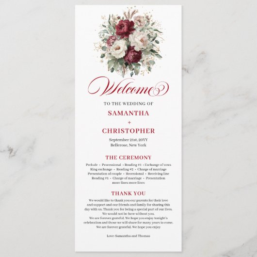 Moderne Blush-Burgunder-Gold-Hochzeitsprogramm Programm (Vorderseite)